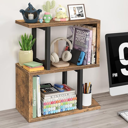 Desktop Bookshelf for Top of Desk Shelf - Brown Book Organizer 3-Tier Shelves Storage Small Bookcase Hutch for Dorm Office College