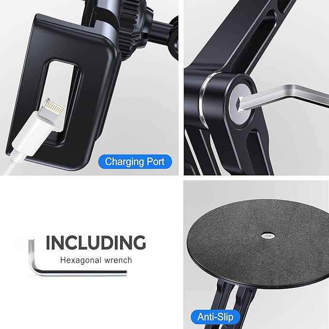 Tablet Stand Holder for iPad, Adjustable with 360 Rotating Base for Desk, Aluminum Swivel Tablet Stand Compatible with iPad Air, Mini, 10.2,9.7, Pro 11/13 and More, Black