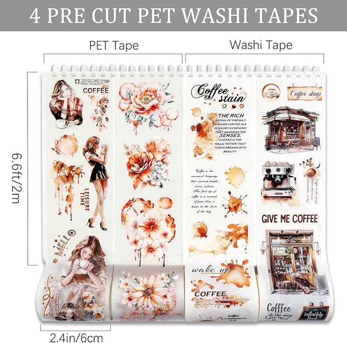 Dizdkizd Pre-Cut Coffee Themed PET Washi Tapes for Journaling, Scrapbooking, Vintage Aesthetic Tape Stickers for Junk Journal, Crafts, Planners, 4 Rolls
