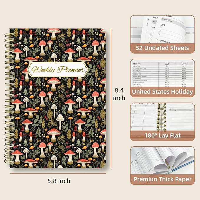 Weekly Planner Undated - 52 Weeks To Do List Notebook A5 for Work: Weekly Task, Habit Tracker Journal, Goal Setting, Agenda Sprial Bound Organizer Book for Women Cute Stylish Design, Mushroom
