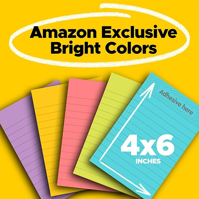 Post-it Super Sticky Lined Notes 4x6 | Bright Colors | Double Sticking Power | 90 Sheets per Pad | 5 Pads, Pack of 8