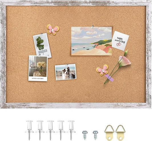 Cork Board Bulletin Board, 35.4x23.6 inches Decorative Hanging Framed Cork Boards for Walls, Pin Board Vision Board for School Home Office, Bulletin Board with Wooden Frame (6090,WH,1pc)