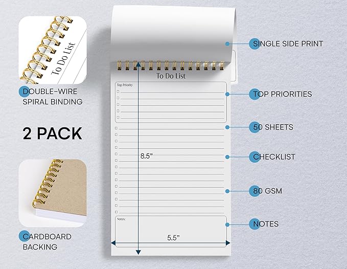 Better Office Products To Do List Mini Notepads, 5.5" x 8.5", Planning Note Pads, 50 Sheets Per Pad, Double Wire Spiral, Daily Agenda Productivity Checklist Organizer (2 Pack)