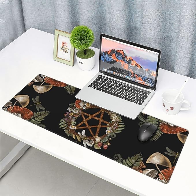 Pentagram Forest Magic Mushroom Witch Black XXL XL Large Gaming Mouse Pad for Desk, Non-Slip Long Extended Keyboard Pads Mousepad Rubber Table Mat 31.5 X 11.8 Inch