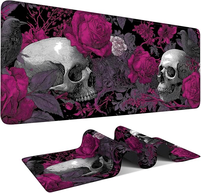 Skull and Roses XXL Extended Gaming Mouse Pad 35.4 x 15.7 Inch – Large Gothic Desk Mat with Non-Slip Rubber Base, Smooth Cloth Surface, Stitched Edges