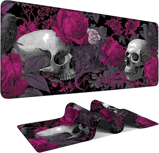 Skull and Roses XXL Extended Gaming Mouse Pad 35.4 x 15.7 Inch – Large Gothic Desk Mat with Non-Slip Rubber Base, Smooth Cloth Surface, Stitched Edges