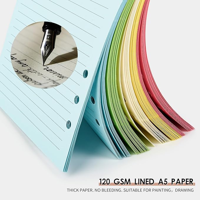 Lined Refill Paper,A5 Colorful Ruled Journal Fillers for 6-Ring Binder, Planner Inserts,5-color 120 GSM Thick Loose Leaf Paper,100 Sheets/200 Pages(100, A5（8.26x5.6in）)