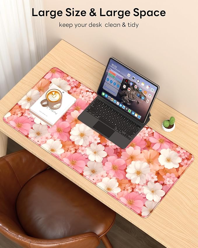 XL Gaming Mouse Pad, 31.5x17.5'' Large Desk Mat with Anti-Slip Rubber Base & Stitched Edges for Gaming, Office, Home - Floral