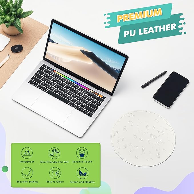 Mouse Pad，Round Mouse Pad，PU Mouse Pad，Leather Mouse Pad with Stitched Edge Micro-Fiber Base with Non-Slip Waterproof，Mouse Pad for Computers，Laptop，9 x 9 Inch (Lily White)