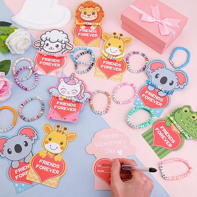 CZWZ 36 Pack Valentine's Day Cards for Kids School Bulk, 18 Styles Friendship Bead Bracelets with Class Valentines Day Gifts Animal Design Valentines Cards for Kids Classroom