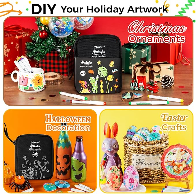 Ohuhu Acrylic Paint Markers Brush Tip: 48 Pack Automatic Ink Control Acrylic Markers High Opacity Paint Pens Waterproof Lightfast for Rock Painting 3D Prints Easter Eggs Wood DIY Crafts- Nahuku
