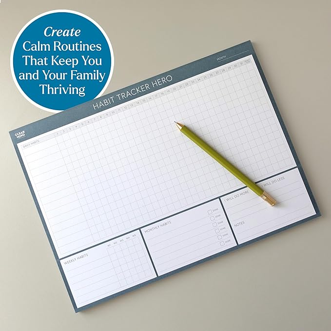 Habit Tracker Hero Desk Pad by Clear Mind Concepts® – 24 Monthly Undated Tear-Off Sheets - 160gsm Thick Paper - Includes Daily & Weekly Sections - A4 Size (Grey Blue, A4 Landscape)