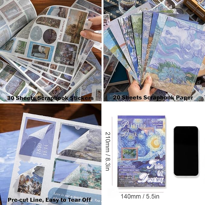 Vintage Scrapbook Stickers, 50 Sheets Aesthetic Oil Painting Sticker Book for Adults with 450pcs Washi Stickers and 20 Sheets Scrapbook Paper Ephemera Sticker Book for Junk Journal Journaling Supplies