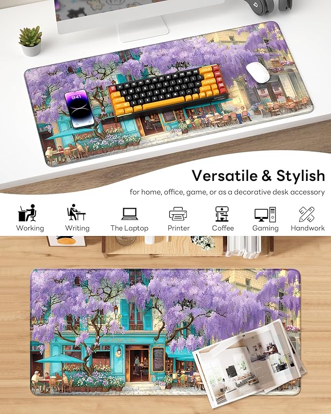 XL Gaming Mouse Pad, 31.5x17.5'' Large Desk Mat with Anti-Slip Rubber Base & Stitched Edges for Gaming, Office, Home - Wisteria Cafe