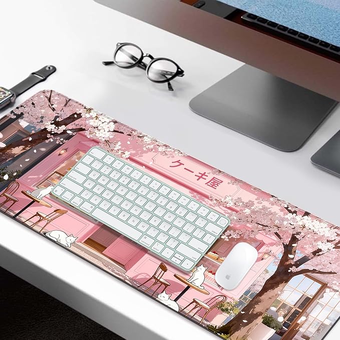 Japanese Anime Pink Cherry Blossom Cake Shop XL Large Desk Mat, Extended Long Cat Desk Pad for Gaming and Office, Non-Slip Rubber Base, Comfortable Surface Mouse Pad, 31.5x11.8 in (H15)