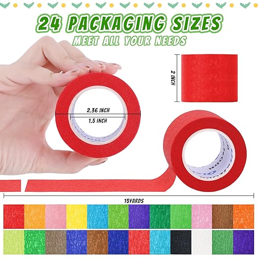 24 Rolls Bulk Colored Masking Tape for Art, 2 inch x 360 Yards for Crafts, Labeling, DIY Decorative, Colored Painters Tape, Rainbow Colors Tape for General Use Projects, Easy Tear No Residue