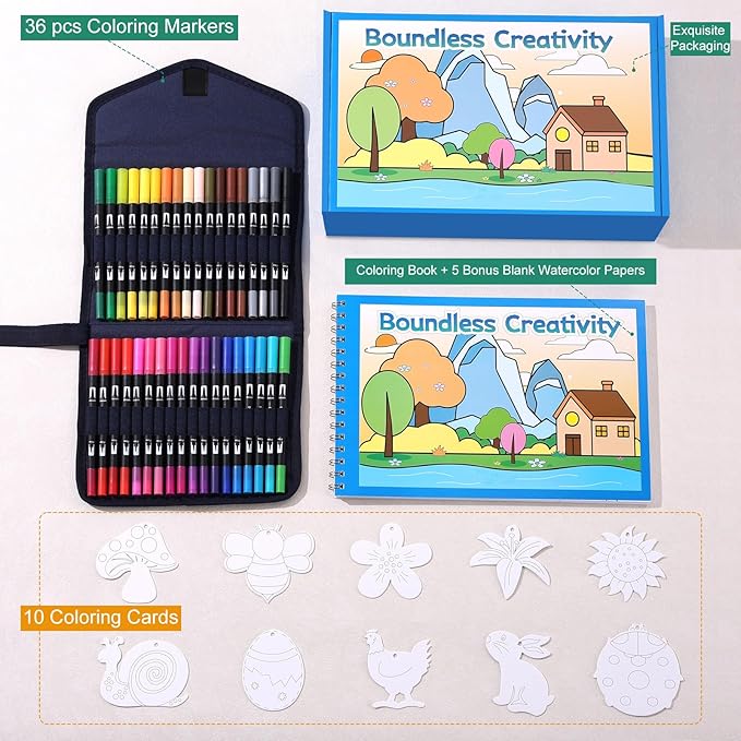 Easy Creative Coloring Book Set for Adults with 30 Patterns, 36 Color Markers, 10 Hangable Coloring Cards & 5 Premium Blank Watercolor Papers - Arts and Crafts Gift for Relaxation