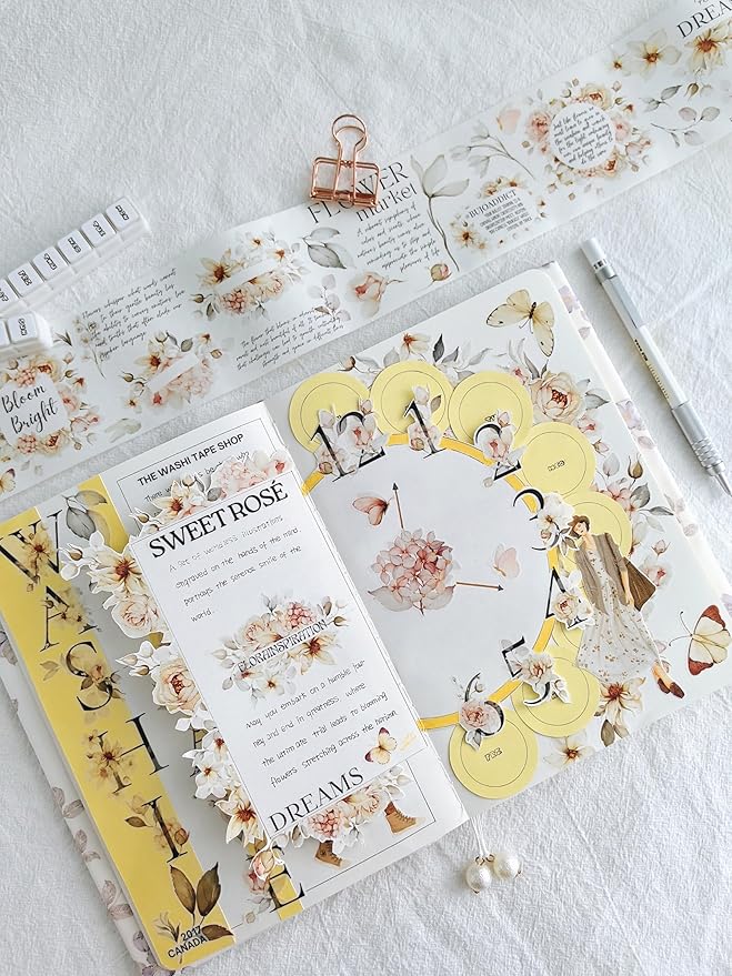 WT Pre-Cut Rosé Scripts Wide PET Tape, Single Roll, Original Designs, Blush Floral & Handwritten Script, Clear Decorative Tape for Junk Journal, Scrapbook, Bujo, Planner, DIY Crafts