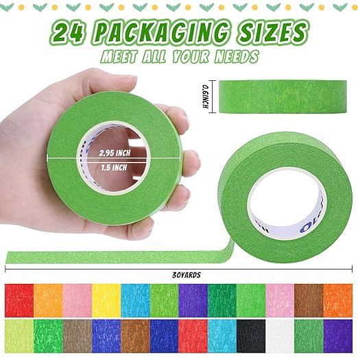 24 Rolls Bulk Colored Masking Tape for Art, 0.6 inch x 720 Yards for Crafts, Labeling, DIY Decorative, colored painters tape, Rainbow Colors Tape for General Use Projects, Easy Tear No Residue