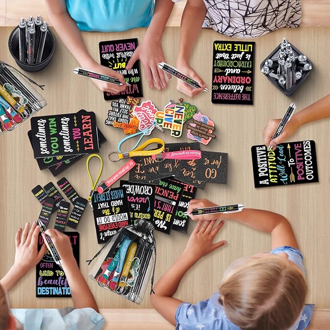 Pasimy 218 Pcs Inspirational Stationery Gifts Motivational Mini Notepad Pen Quote Bookmarks Stress Relief Stickers Inspiring Silicone Keychains for Home Office Appreciation Gift(Dark)