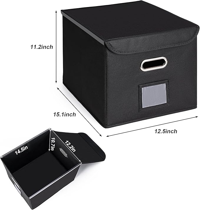 CADONO File Organizer Box with Lid, Large Hanging File Folder Organizer with Plastic Slide, Collapsible Portable Filing Storage Boxes for Office/Decor/Home (Black, 14.9 x 12.59 x 10.8 inch)