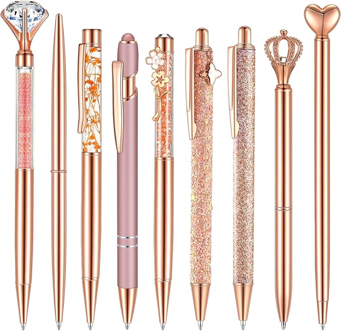Janmini 9 Pcs Rose Gold Ballpoint Pens Set with Metal Crystal Diamond Design for Women - Fancy Pens for Journaling, Writing, Gifts