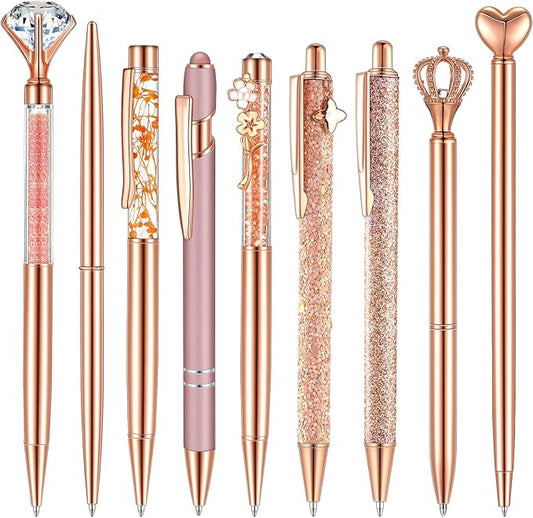 Janmini 9 Pcs Rose Gold Ballpoint Pens Set with Metal Crystal Diamond Design for Women - Fancy Pens for Journaling, Writing, Gifts