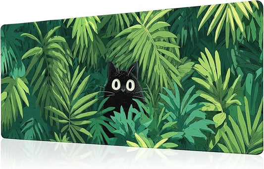 Cute Black Cat Mouse Pad Desk Mat XL Extended Large Gaming Desk Pad Mousepad, Oil Painting Art Floret Computer Laptop Keyboard and Mouse Mat, Desktop Protector Mat for Office and Home 31.5x11.8 in