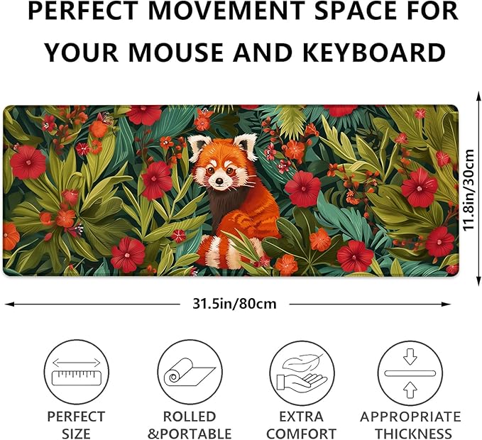 Red Panda Gaming Mouse Pad, Large Desk Mat for Computer, Extended Keyboard Laptop Mouse Pads, 31.5×11.8in Non Slip Rubber Mousepad for Office Decor Gifts(color11)