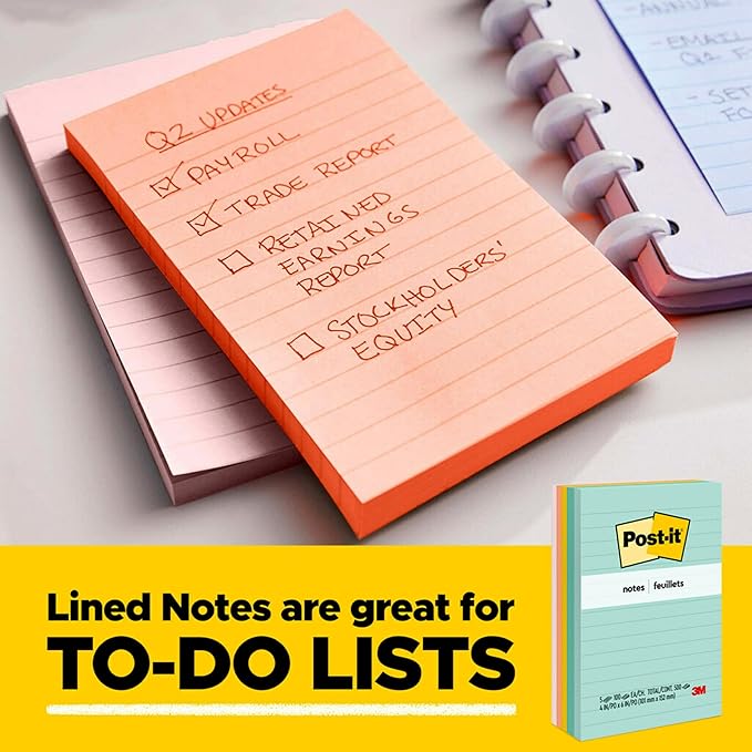 Post-it Notes, 4 in x 6 in, 5 Lined Sticky Note Pads, 100 Sheets per Pad, Beachside Café Collection, School Supplies and Office Products (Pack of 12)