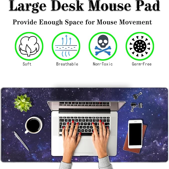 Office Desk Pad Galaxy Universe, Gaming Mousepad XXL Mouse Pads Large Mouse Pad, Work Desk Mat Non-Slip Rubber Base, 35.4 X 15.7 inch for Work/Game/Office Starry Night Sky Stars Outer Space