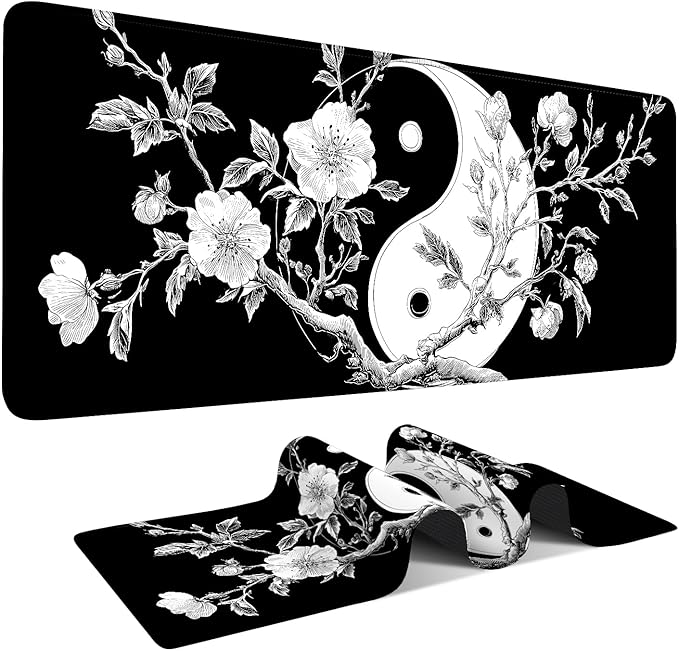 Yin Yang Cherry Blossom Gaming Mouse Pad 31.5"x11.8", Black and White Floral Large Desk Mat, Extended Keyboard Mousepad with Non-Slip Rubber Base, Stitched Edges Mouse Pads for Desk Home Office Gaming