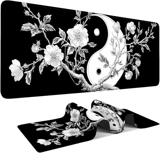 Yin Yang Cherry Blossom Gaming Mouse Pad 31.5"x11.8", Black and White Floral Large Desk Mat, Extended Keyboard Mousepad with Non-Slip Rubber Base, Stitched Edges Mouse Pads for Desk Home Office Gaming
