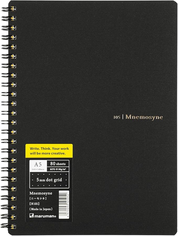 Maruman Mnemosyne Dot Grid Notebook- A5, 8.27" x 6.34", 80 Sheets / 160 Pages, 5mm Dotted Journal, Perforated Pages & Wire-Bound to Lay Flat, Black, Made in Japan