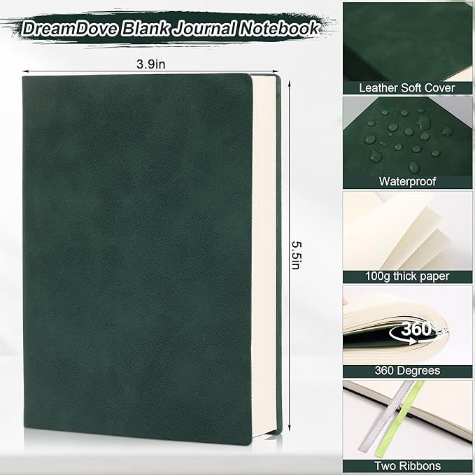 Thick Blank Journal Notebook 400 Pages 3.9 × 5.5 No Lines Soft Leather Pocket Blank Notebook for Women Drawing Book Memo Writing Sketch Diary Notebook Upgrade Page (dark green)
