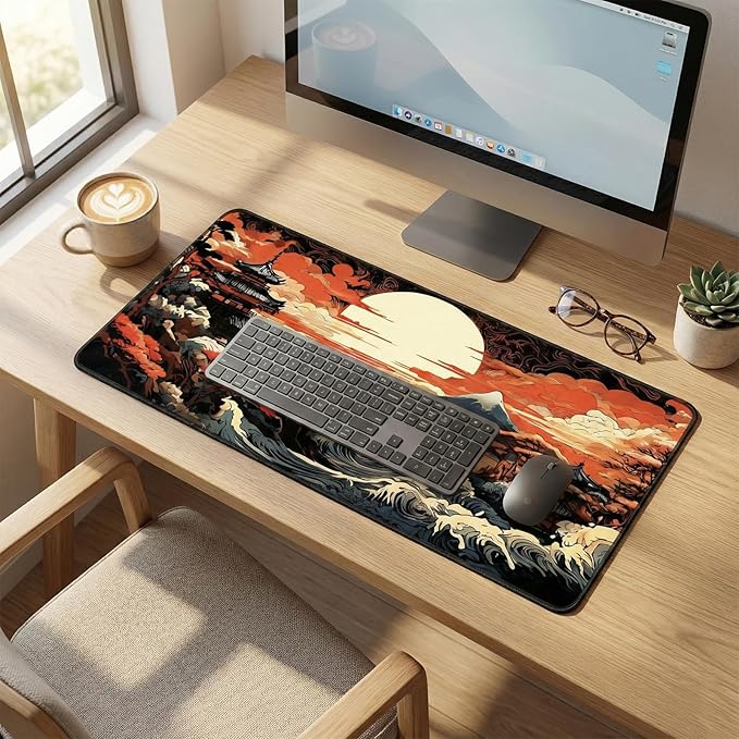 Manicer Japanese Sunset Wave Gaming Mouse Pad – Large Extended Mouse Mat with Pagoda Mountain Landscape, Smooth Control Surface, Non-Slip Rubber Base, Waterproof Mousepad for Office & Home