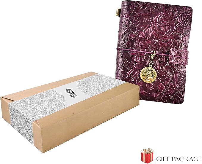 Refillable Leather Journal, Handmade Purple Leather Notebook with Bookmark for Men & Women, Vintage Notepad Sketchbook Perfect for Writing, Gifts, Travelers (Purple, Passport)