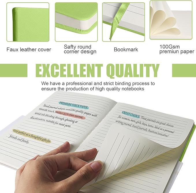 Lined Journal Notebook, 6Pack Hardcover Notebook for Men & Women – Journals for Writing, Work, School, Home & Daily Notes, 160 Pages – Medium A5, 5.7"x8", 100 gsm Thick Paper (Grass Green)