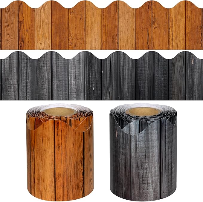 2 Rolls Wood Grain Bulletin Board Borders, 65.6 Ft Dark Wood Scalloped Border Trim for Home Office School Classroom Bulletin Board Wall Chalkboard Decor