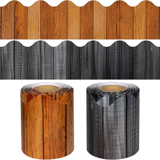 2 Rolls Wood Grain Bulletin Board Borders, 65.6 Ft Dark Wood Scalloped Border Trim for Home Office School Classroom Bulletin Board Wall Chalkboard Decor