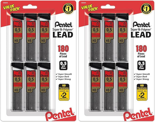 Pentel Super Hi-Polymer Refills, 0.5 mm Fine, HB, 180 Pieces of Lead (C25BPHB6), (Pack of 2)