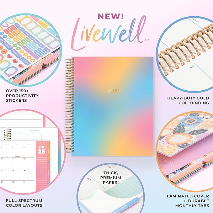Blue Sky Livewell 2026 Weekly and Monthly Planner Calendar, January 2026 - December 2026, 7" x 9", Flexible Laminated Cover, Heavy Duty Coil Binding, Colorful Premium Paper, Includes Storage Pocket, Stickers, Beck
