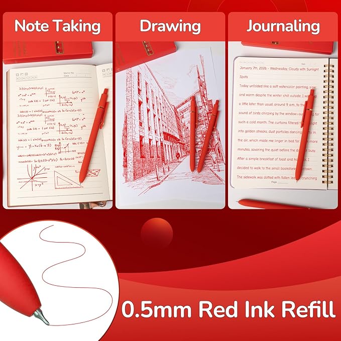6 Pcs Red Ink Pens for Journaling 0.5mm Fine Point Red Gel Ink Pens, Smooth Writing Quick Dry Pen for Note Taking, Gift Set for Women & Men (6 Pcs Red Gold)