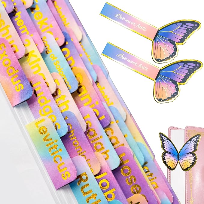 Bible Tabs with Butterfly Bookmarks, Gold Foil Laminated Bible Tabs, Bible Tabs for Women, Christian Gifts, Large Print Bible Tabs, Bible Book Index Tabs Labels, Bible Study Supplies (Rainbow)