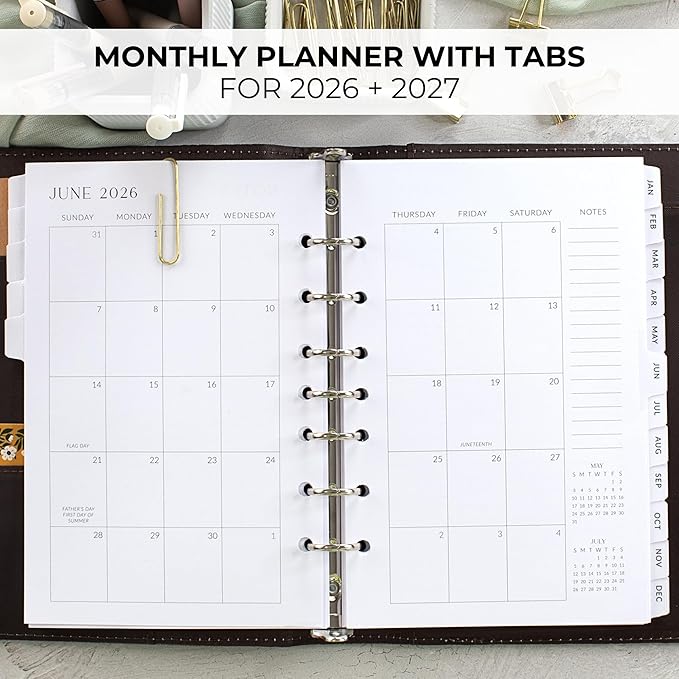 Beautiful 2026-2027 Monthly Planner Refill for 7 Ring Binders – Durable A5 Paper Insert Set 5.5" x 8.3" - Refills Incl. Tabs & Monthly, Yearly Calendar Spreads - From December 2025 - December 2027