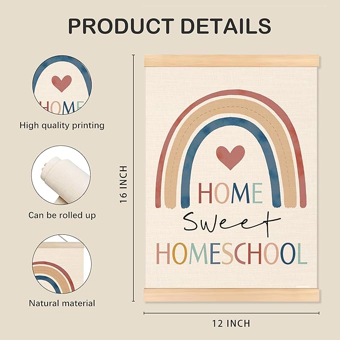 ROXMART Boho Rainbow Home Sweet Homeschool Poster Hanger Frame, Kids Room Wall Decor, Boho Nursery Wall Art Prints Decor for Toddler Kids Boy Girl Room Nursery Playroom Homeschool, 12x16 Inch