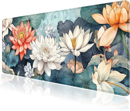 Aesthetic Lotus Flower Large Mouse Pad, Desk Mat Computer Keyboard Pad Non-Slip Rubber Base Waterproof with Stitched Edges for Laptop Gaming, Office & Home 31.5 x 11.8 Inch