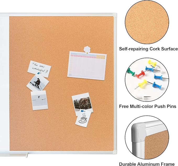 Cork Bulletin Board, 48 X 32 Inches White Magnetic Dry Erase Board, Large Wall Mounted Message Vision Notice Memo Pin Board for Office, Home and School