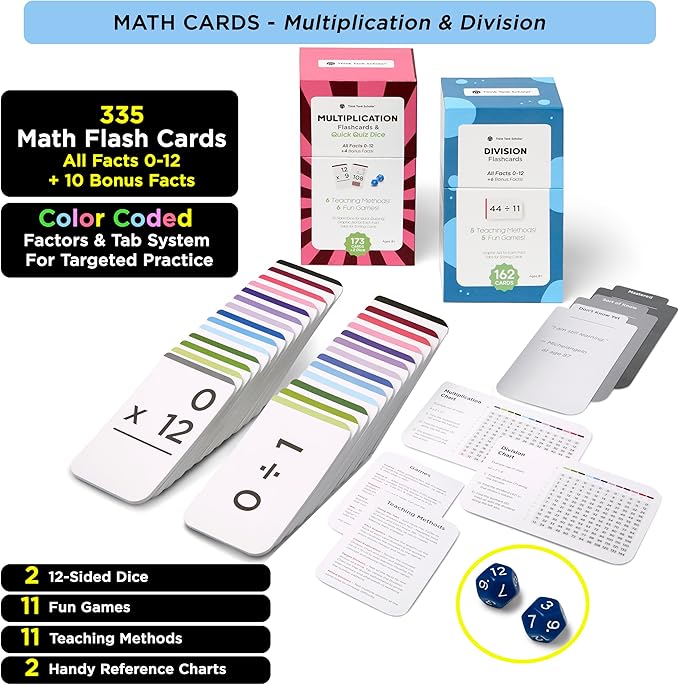 Award-Winning Math Flash Cards – 711 Multiplication & Division Facts (0–12) – Jumbo Cards (3.1” x 5.2”), Visual Aids, 2 Dice, Games, Charts & Mastery Divider Tabs – Grades 3–6 Classroom & Homeschool