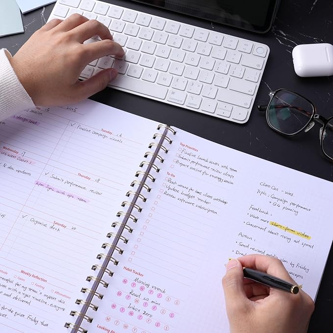 Undated Weekly Planner, 8.5x11” – Dashboard Layout with Yearly Review, Monthly Calendars, & Weekly To Do List, Spiral Bound Organizer for Work, Study & Life (Blush White)